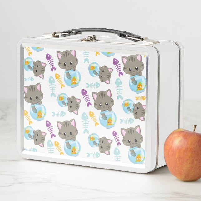 Pattern Of Cats, Cute Cats, Kittens, Fish Metal Lunch Box (In Situ)