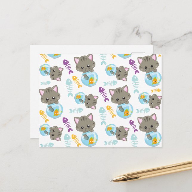 Pattern Of Cats, Cute Cats, Kittens, Fish Postcard (Front/Back In Situ)