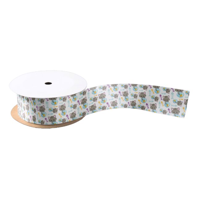 Pattern Of Cats, Cute Cats, Kittens, Fish Satin Ribbon (Spool)