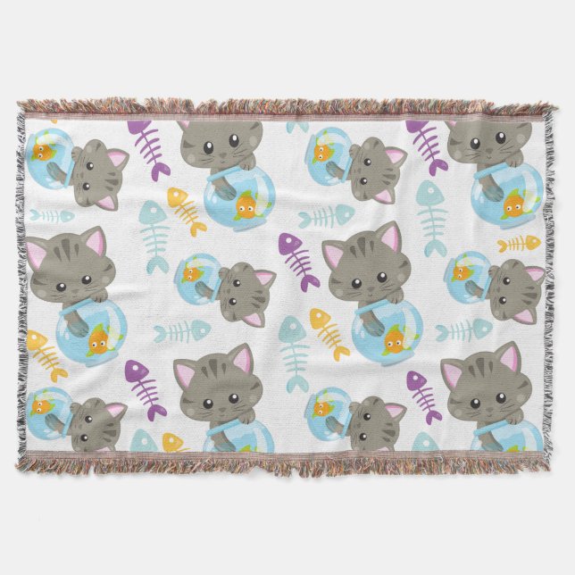 Pattern Of Cats, Cute Cats, Kittens, Fish Throw Blanket (Front)