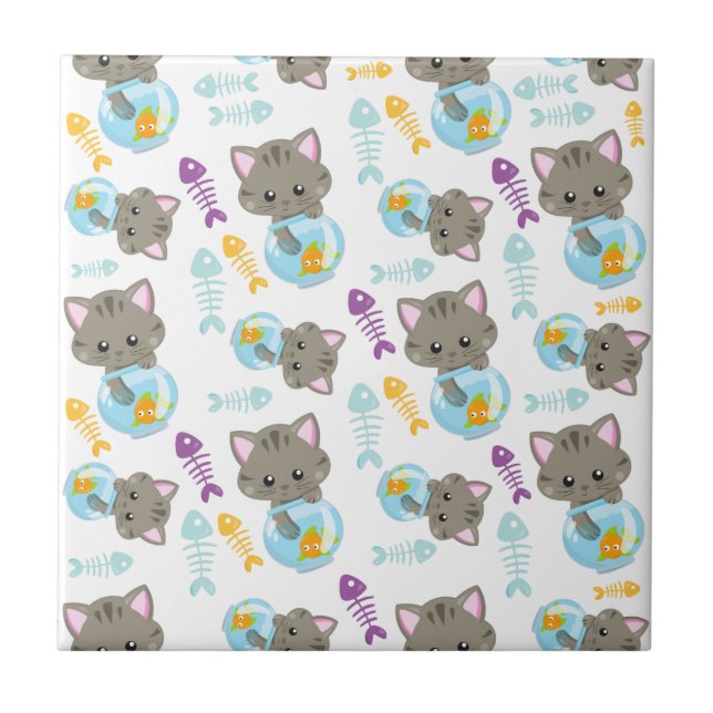 Pattern Of Cats, Cute Cats, Kittens, Fish Tile (Front)