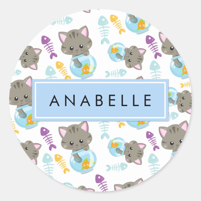 Pattern Of Cats, Cute Cats, Kittens, Your Name Classic Round Sticker (Front)