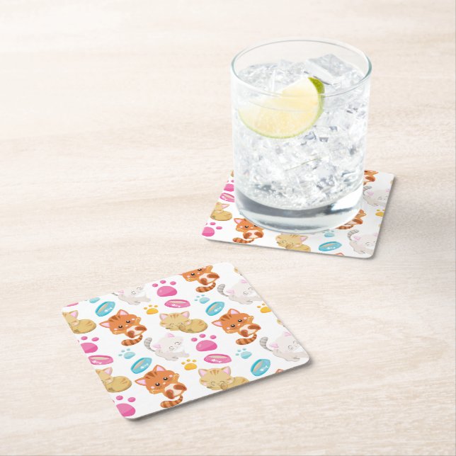 Pattern Of Cats, Cute Cats, Kitty, Kittens, Paws Square Paper Coaster (Insitu)