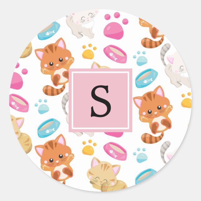 Pattern Of Cats, Cute Cats, Kitty, Monogram Classic Round Sticker (Front)