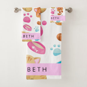 Pattern Of Cats, Cute Cats, Kitty, Paws, Your Name Bath Towel Set