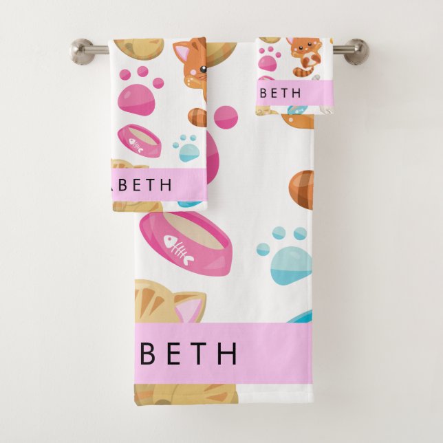 Pattern Of Cats, Cute Cats, Kitty, Paws, Your Name Bath Towel Set (Insitu)