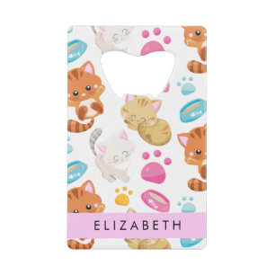 Pattern Of Cats, Cute Cats, Kitty, Paws, Your Name Credit Card Bottle Opener