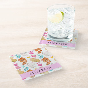 Pattern Of Cats, Cute Cats, Kitty, Paws, Your Name Glass Coaster