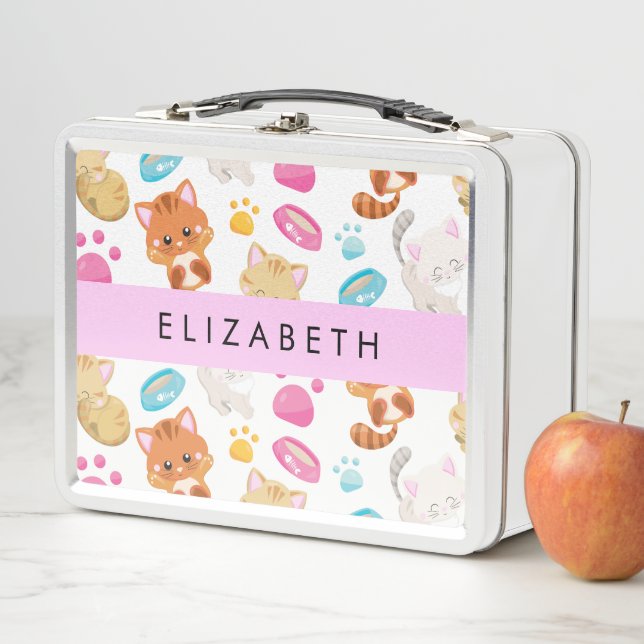 Pattern Of Cats, Cute Cats, Kitty, Paws, Your Name Metal Lunch Box (In Situ)