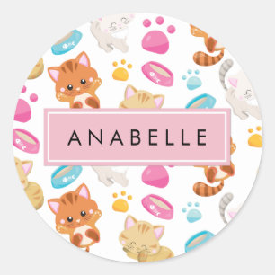 Pattern Of Cats, Cute Cats, Kitty, Your Name Classic Round Sticker