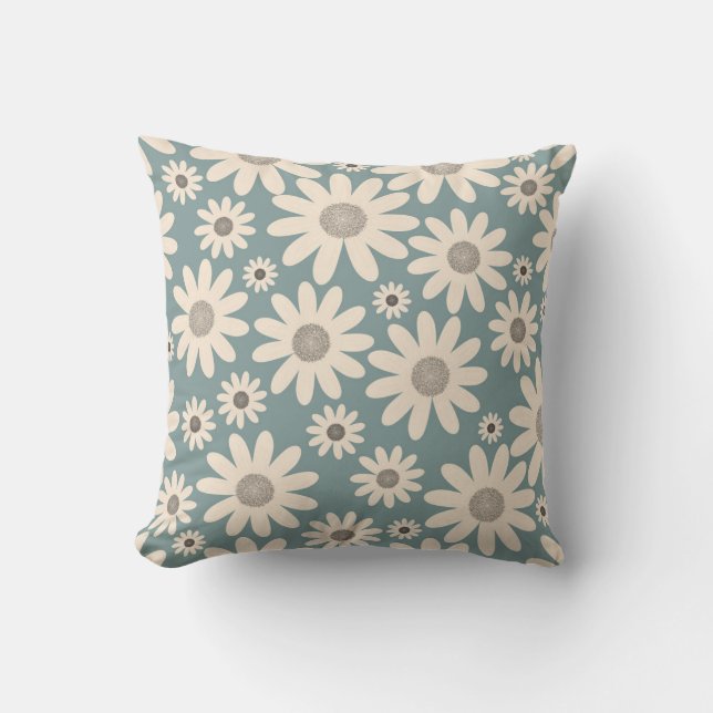 Pattern of chamomile flowers on a soft green throw pillow (Front)