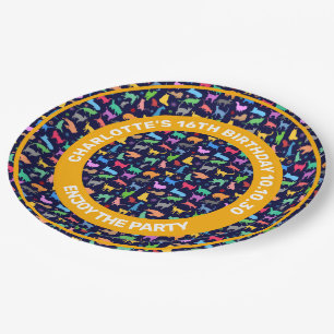 Pattern Of Colourful Cats. Navy Blue Background Paper Plate