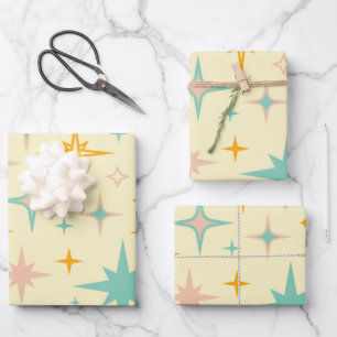 Pattern of colourful retro stars wrapping paper sheet