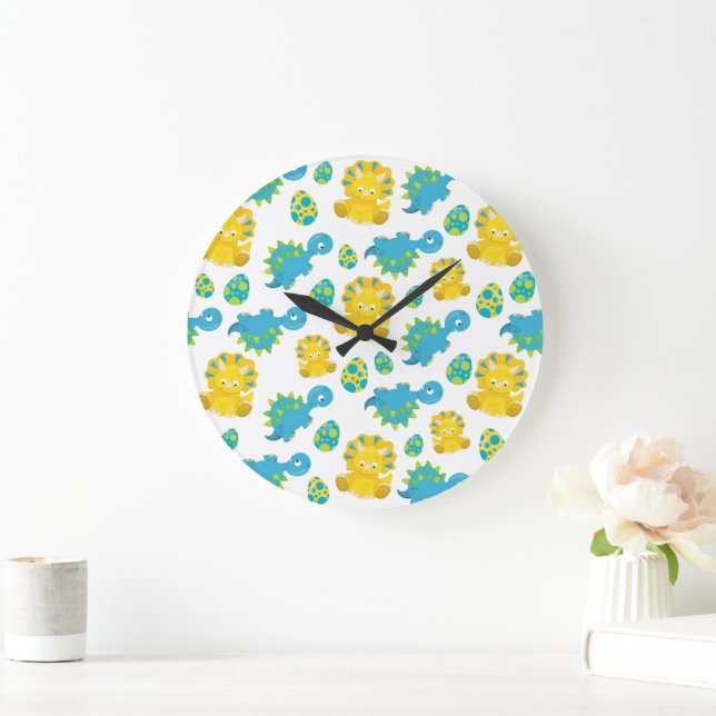 Pattern Of Dinosaurs, Cute Dinosaurs, Baby Dino Large Clock (Home)