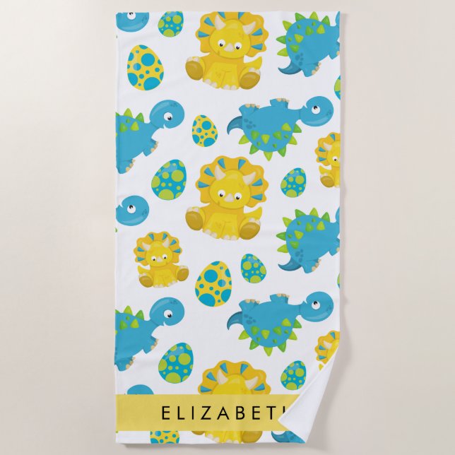 Pattern Of Dinosaurs, Cute Dinosaurs, Your Name Beach Towel (Front)