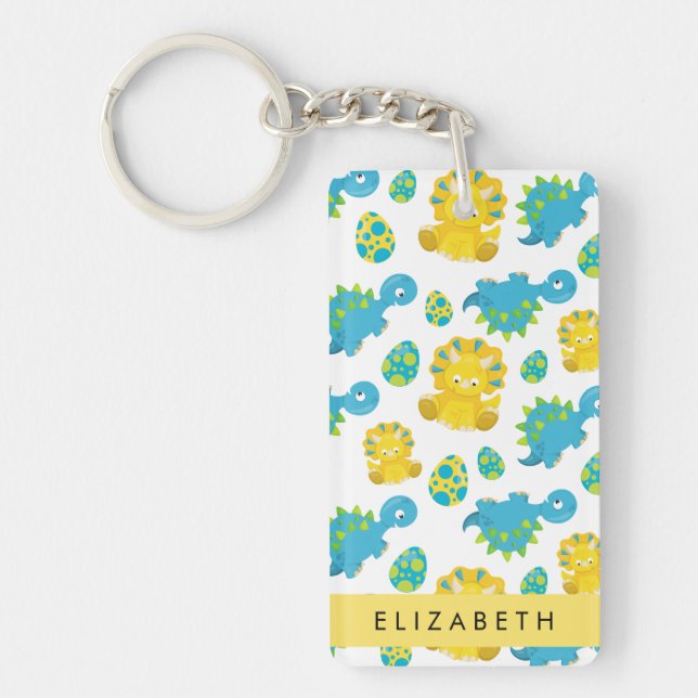 Pattern Of Dinosaurs, Cute Dinosaurs, Your Name Keychain (Front)