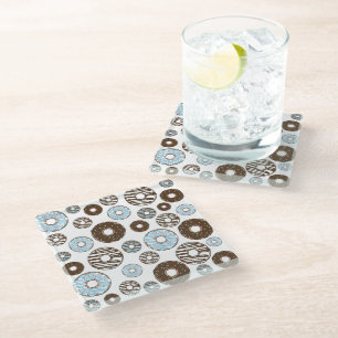 Pattern Of Doughnuts, Blue Doughnuts, Brown Doughn Glass Coaster
