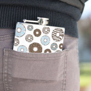 Pattern Of Doughnuts, Blue Doughnuts, Brown Doughn Hip Flask