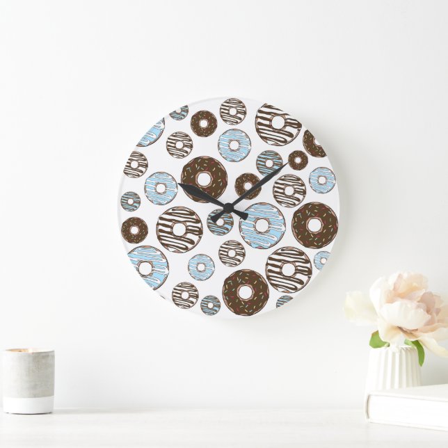 Pattern Of Doughnuts, Blue Doughnuts, Brown Doughn Large Clock (Home)
