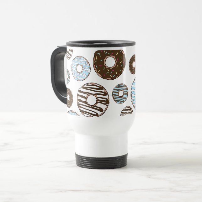 Pattern Of Doughnuts, Blue Doughnuts, Brown Doughn Travel Mug (Front Left)
