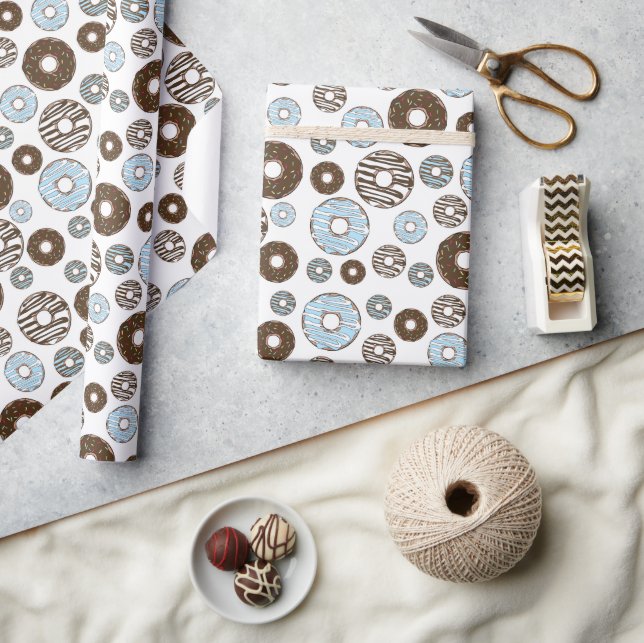 Pattern Of Doughnuts, Blue Doughnuts, Brown Doughn Wrapping Paper (Crafts)