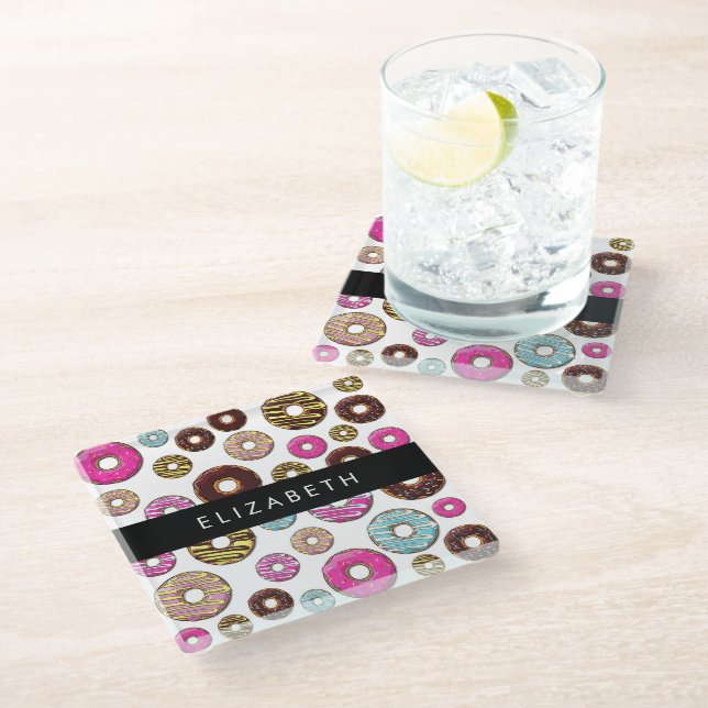 Pattern Of Doughnuts, Colourful Doughnuts, Your Na Glass Coaster (Angled)