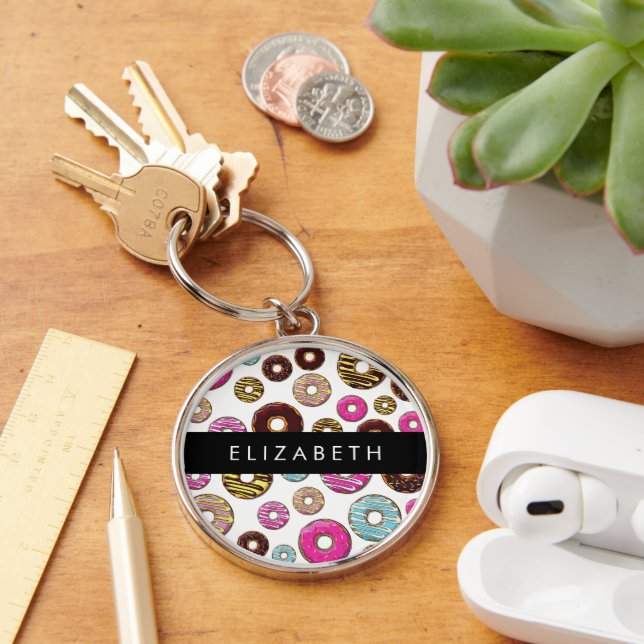 Pattern Of Doughnuts, Colourful Doughnuts, Your Na Keychain (Desk)