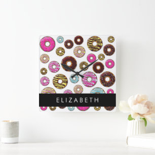 Pattern Of Doughnuts, Colourful Doughnuts, Your Na Square Wall Clock