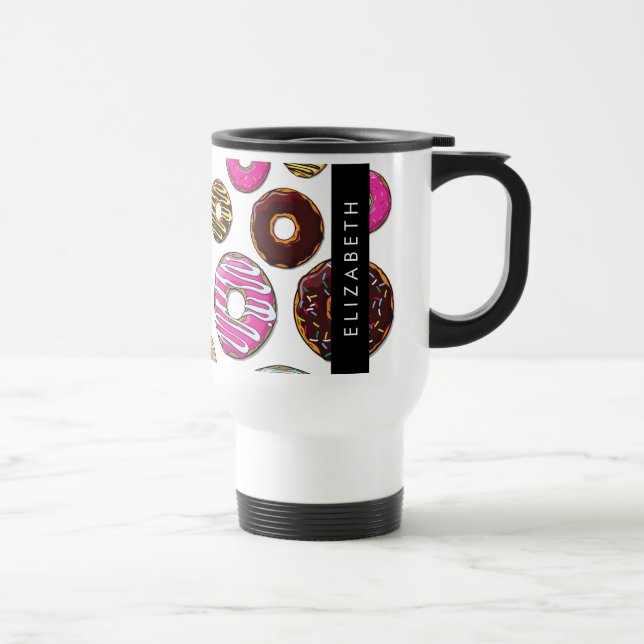 Pattern Of Doughnuts, Colourful Doughnuts, Your Na Travel Mug (Right)