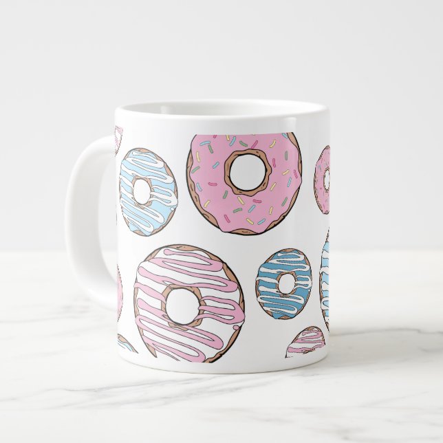 Pattern Of Doughnuts, Pink Doughnuts, Blue Doughnu Large Coffee Mug (Front Left)