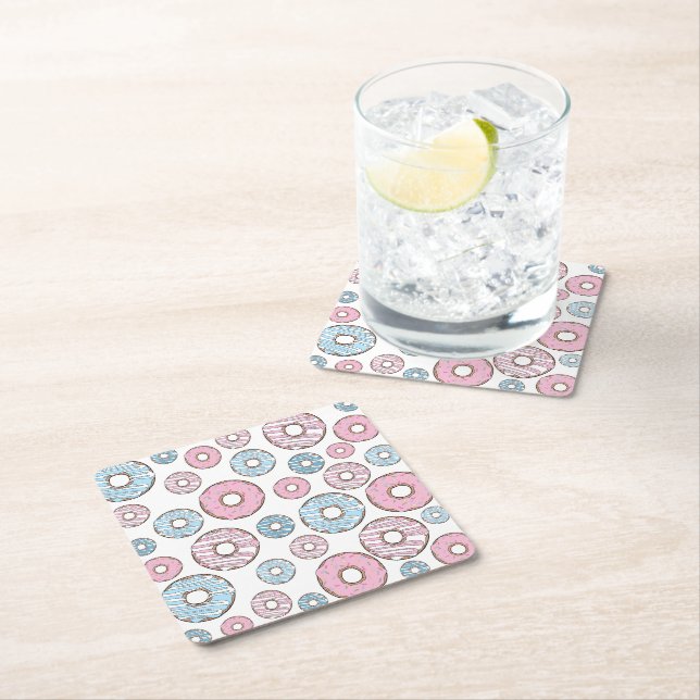 Pattern Of Doughnuts, Pink Doughnuts, Blue Doughnu Square Paper Coaster (Insitu)