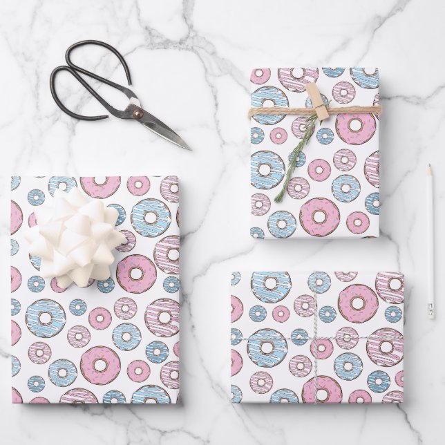 Pattern Of Doughnuts, Pink Doughnuts, Blue Doughnu Wrapping Paper Sheet (Front)