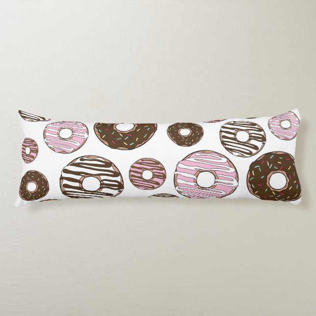 Pattern Of Doughnuts, Pink Doughnuts, Brown Doughn Body Pillow (Front)