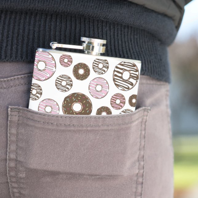 Pattern Of Doughnuts, Pink Doughnuts, Brown Doughn Hip Flask (In Situ)