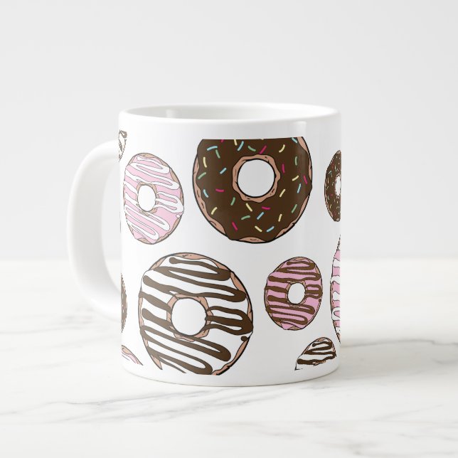 Pattern Of Doughnuts, Pink Doughnuts, Brown Doughn Large Coffee Mug (Front Left)