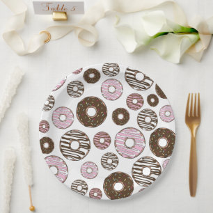Pattern Of Doughnuts, Pink Doughnuts, Brown Doughn Paper Plate
