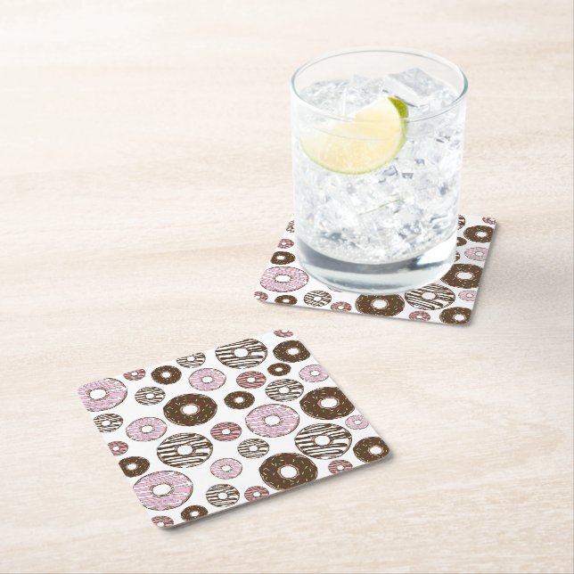 Pattern Of Doughnuts, Pink Doughnuts, Brown Doughn Square Paper Coaster (Insitu)