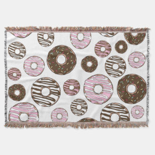 Pattern Of Doughnuts, Pink Doughnuts, Brown Doughn Throw Blanket