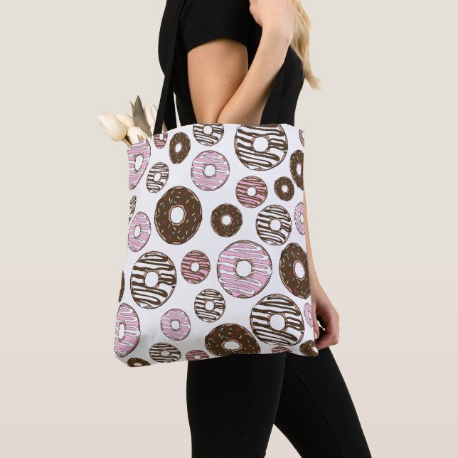 Pattern Of Doughnuts, Pink Doughnuts, Brown Doughn Tote Bag (Close Up)