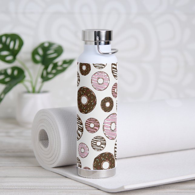 Pattern Of Doughnuts, Pink Doughnuts, Brown Doughn Water Bottle (Yoga)