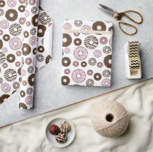 Pattern Of Doughnuts, Pink Doughnuts, Brown Doughn Wrapping Paper