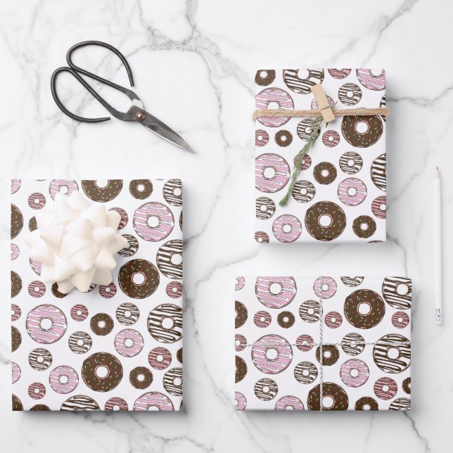 Pattern Of Doughnuts, Pink Doughnuts, Brown Doughn Wrapping Paper Sheet (Front)