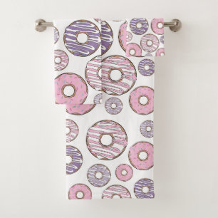 Pattern Of Doughnuts, Pink Doughnuts, Purple Dough Bath Towel Set