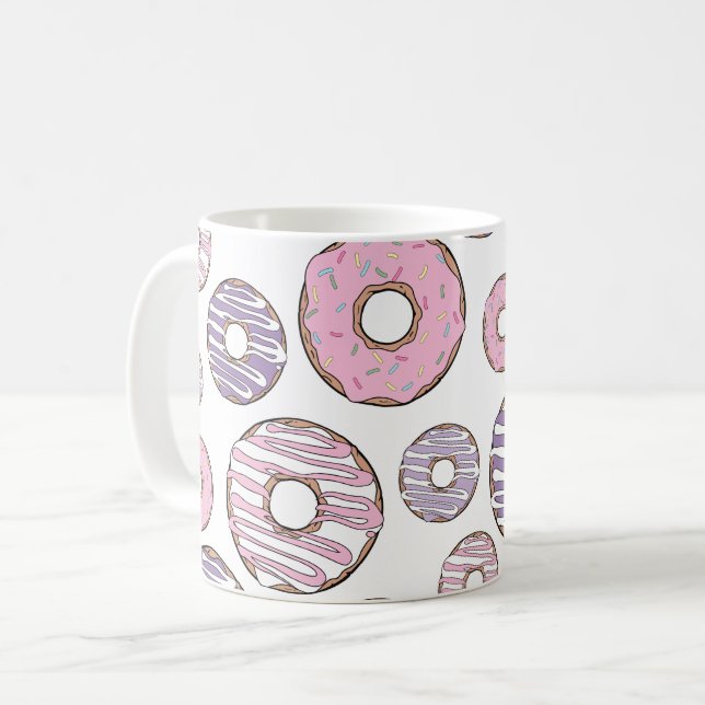 Pattern Of Doughnuts, Pink Doughnuts, Purple Dough Coffee Mug (Front Left)