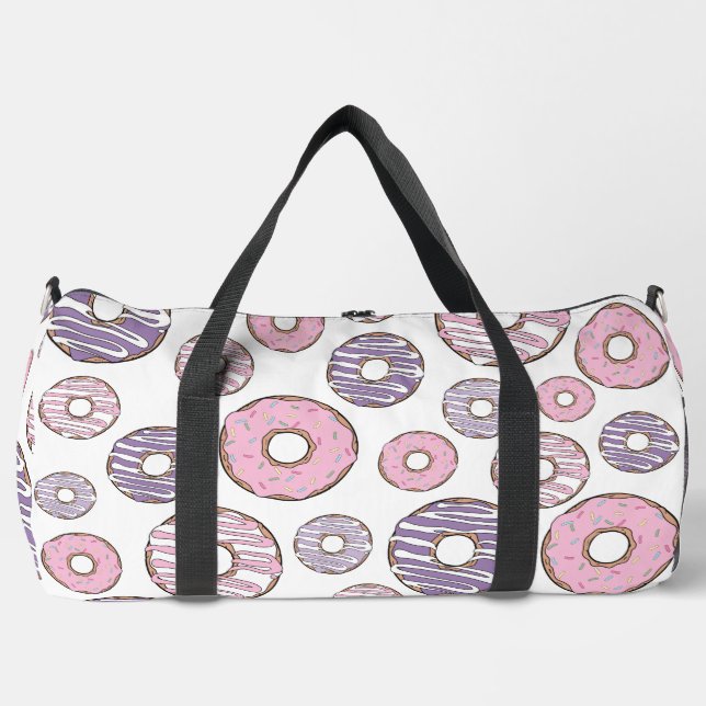 Pattern Of Doughnuts, Pink Doughnuts, Purple Dough Duffle Bag (Front)