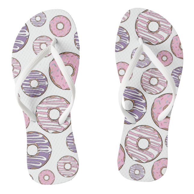 Pattern Of Doughnuts, Pink Doughnuts, Purple Dough Flip Flops (Footbed)