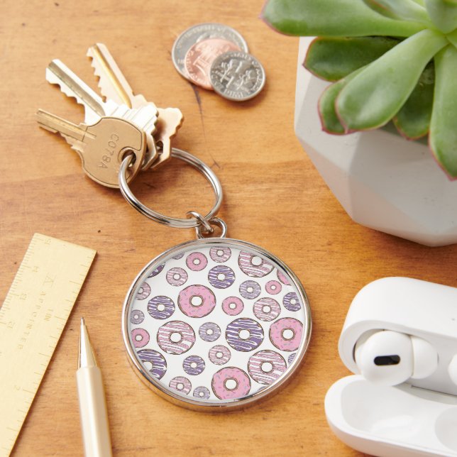 Pattern Of Doughnuts, Pink Doughnuts, Purple Dough Keychain (Desk)