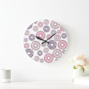 Pattern Of Doughnuts, Pink Doughnuts, Purple Dough Large Clock