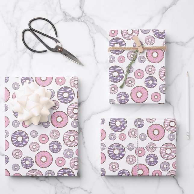 Pattern Of Doughnuts, Pink Doughnuts, Purple Dough Wrapping Paper Sheet (Front)
