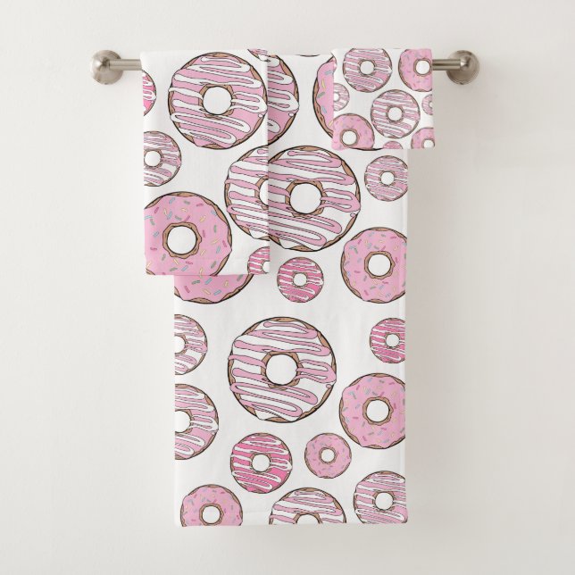 Pattern Of Doughnuts, Pink Doughnuts, Sprinkles Bath Towel Set (Insitu)